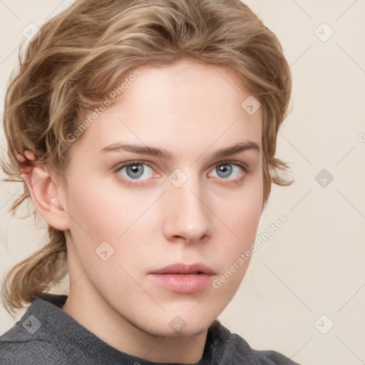 Neutral white young-adult female with medium  brown hair and blue eyes