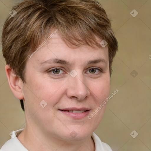 Joyful white adult female with short  brown hair and brown eyes