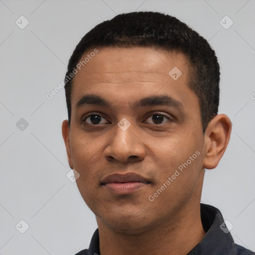 Neutral black young-adult male with short  black hair and brown eyes