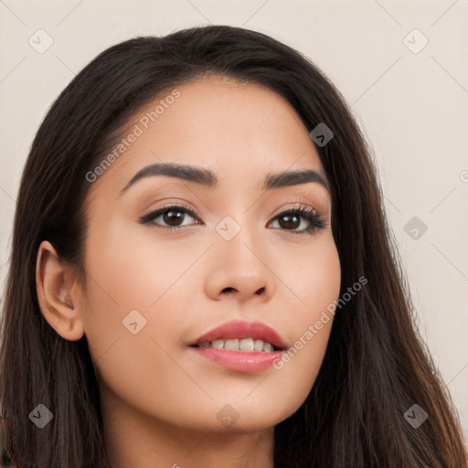 Neutral white young-adult female with long  brown hair and brown eyes