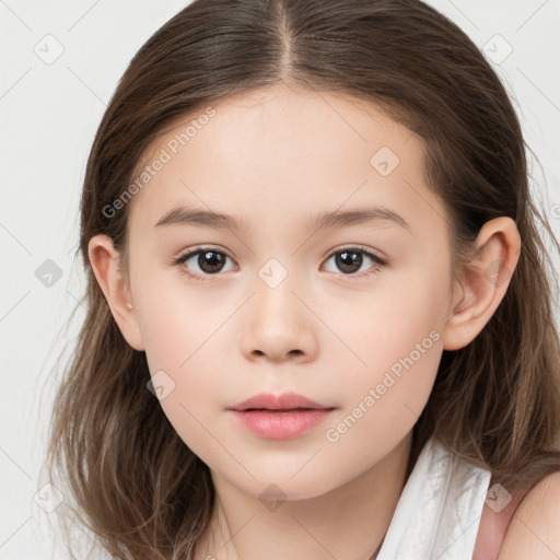 Neutral white child female with long  brown hair and brown eyes