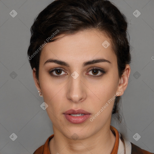 Neutral white young-adult female with short  brown hair and brown eyes