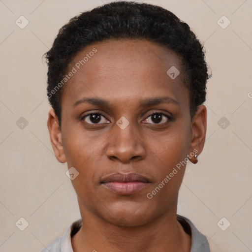 Neutral black young-adult female with short  black hair and brown eyes