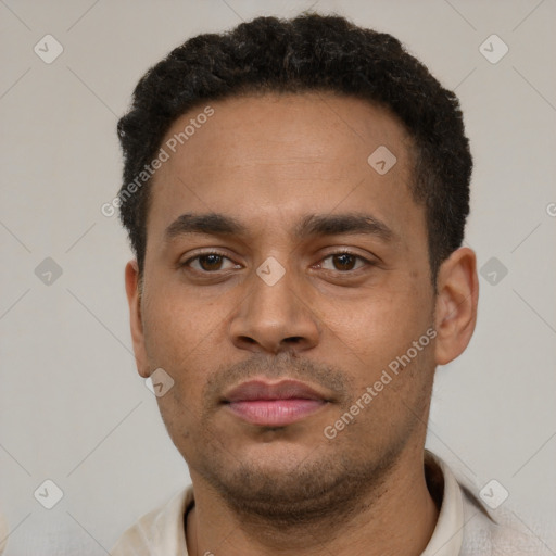 Neutral latino young-adult male with short  black hair and brown eyes
