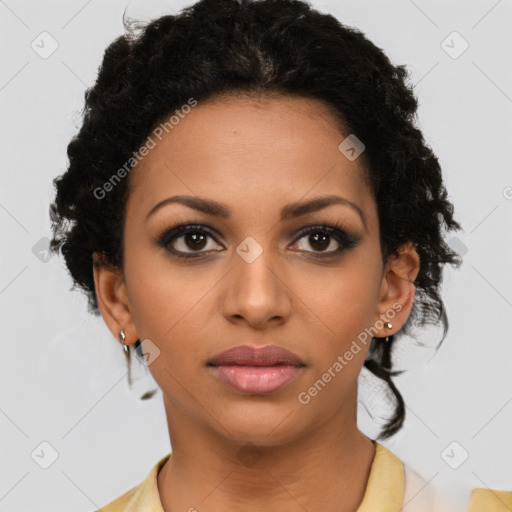 Joyful latino young-adult female with short  black hair and brown eyes