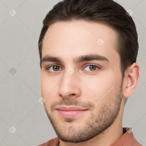 Neutral white young-adult male with short  brown hair and brown eyes