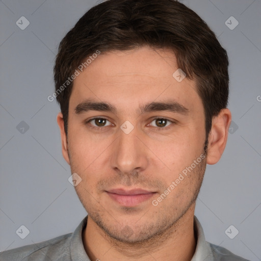 Neutral white young-adult male with short  brown hair and brown eyes