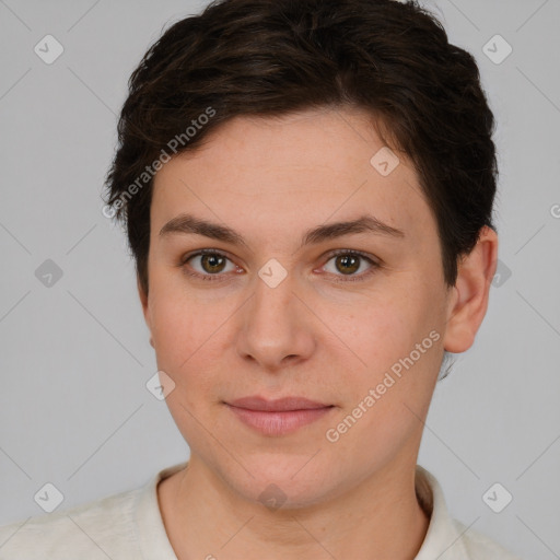 Joyful white young-adult female with short  brown hair and brown eyes