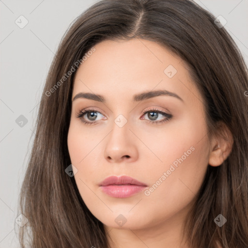 Neutral white young-adult female with long  brown hair and brown eyes