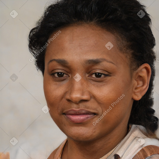 Joyful black adult female with short  brown hair and brown eyes