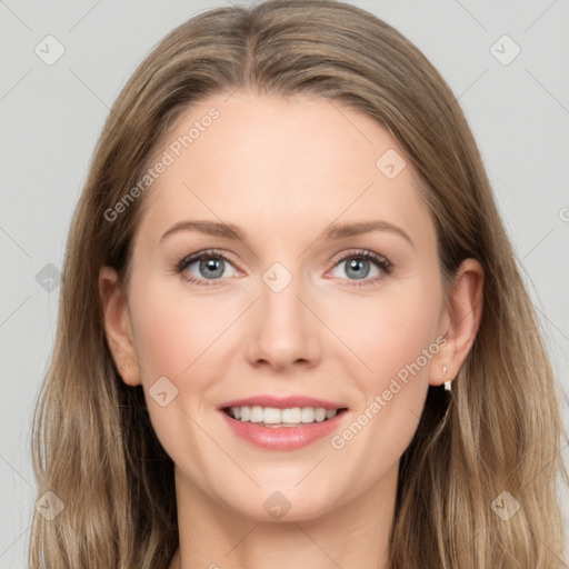 Joyful white young-adult female with long  brown hair and grey eyes