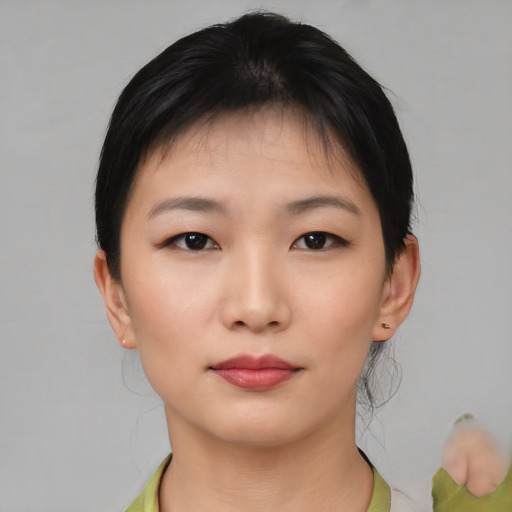 Neutral asian young-adult female with short  black hair and brown eyes