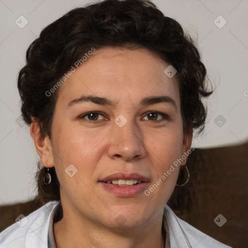 Joyful white adult female with short  brown hair and brown eyes