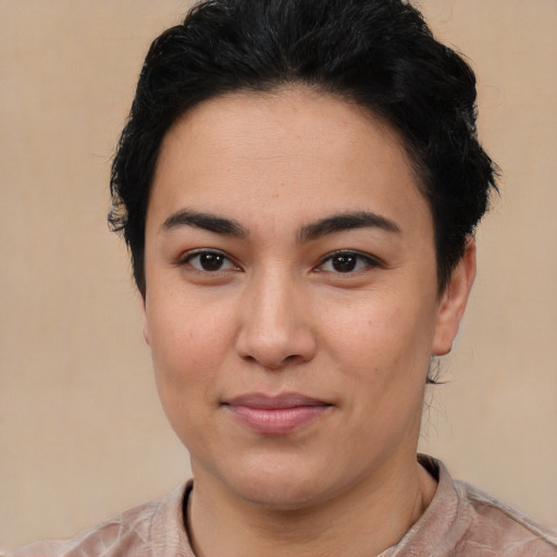 Joyful asian young-adult female with short  brown hair and brown eyes