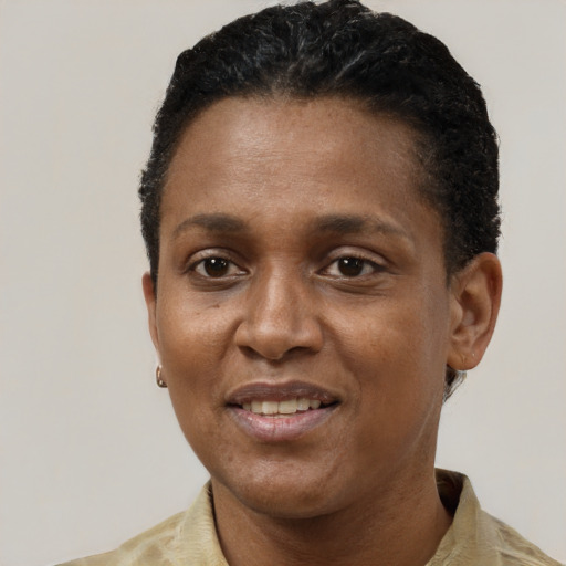 Joyful black adult female with short  black hair and brown eyes
