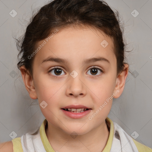 Joyful white child female with medium  brown hair and brown eyes