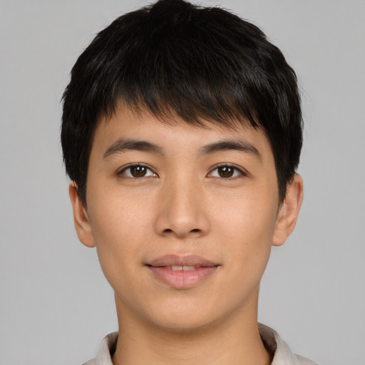 Neutral asian young-adult male with short  brown hair and brown eyes