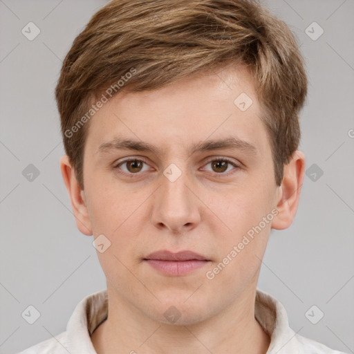 Neutral white young-adult male with short  brown hair and grey eyes