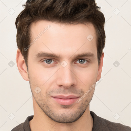 Neutral white young-adult male with short  brown hair and brown eyes