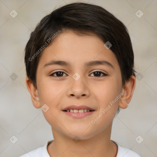 Joyful white child female with short  brown hair and brown eyes