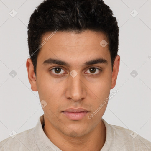 Neutral latino young-adult male with short  brown hair and brown eyes