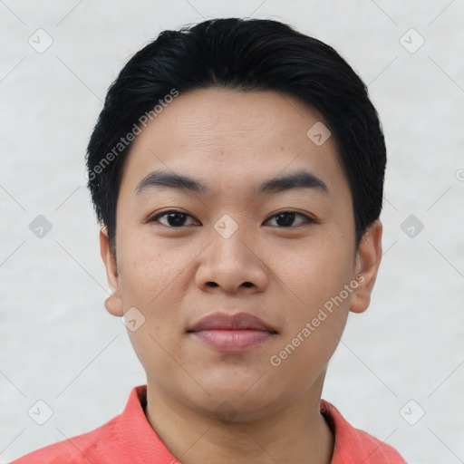 Neutral asian young-adult male with short  black hair and brown eyes