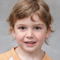 Joyful white child female with medium  brown hair and grey eyes