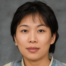 Neutral asian young-adult female with medium  brown hair and brown eyes
