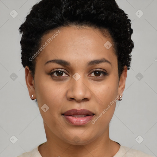 Joyful black young-adult female with short  brown hair and brown eyes