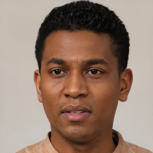Neutral black young-adult male with short  black hair and brown eyes