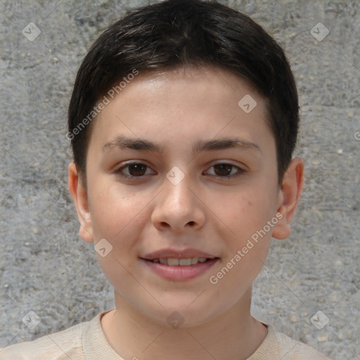 Joyful white child female with short  brown hair and brown eyes