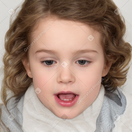 Joyful white child female with medium  brown hair and brown eyes