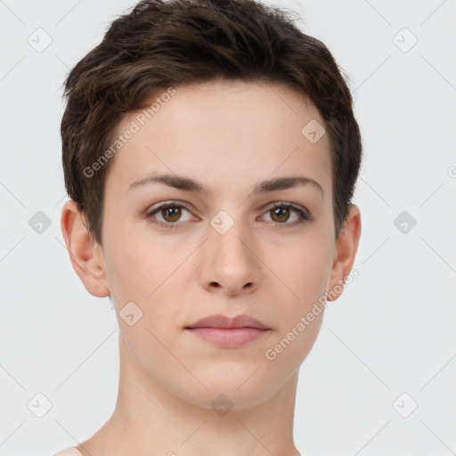 Neutral white young-adult female with short  brown hair and brown eyes