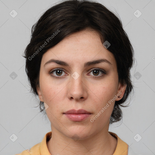 Neutral white young-adult female with medium  brown hair and brown eyes