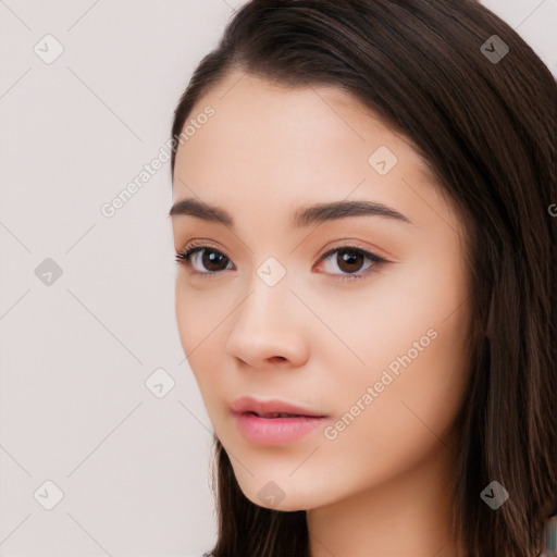 Neutral white young-adult female with long  brown hair and brown eyes