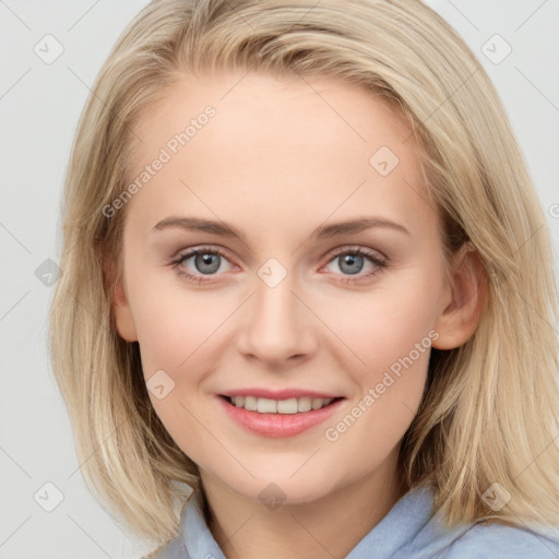 Joyful white young-adult female with medium  brown hair and blue eyes