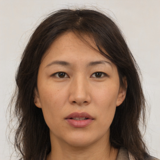 Neutral asian young-adult female with medium  brown hair and brown eyes