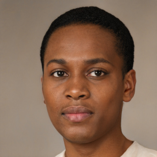 Neutral black young-adult female with short  black hair and brown eyes