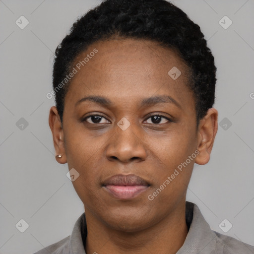 Neutral black young-adult female with short  black hair and brown eyes