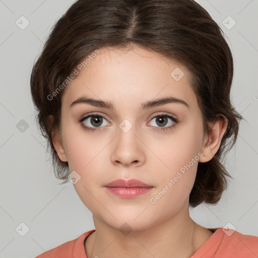 Neutral white young-adult female with medium  brown hair and brown eyes