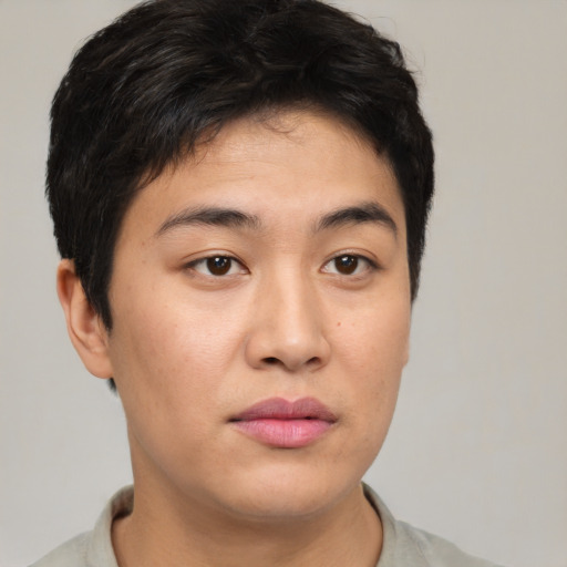 Neutral asian young-adult male with short  brown hair and brown eyes