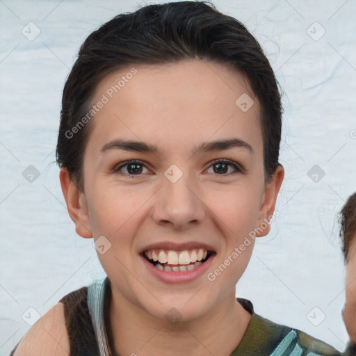 Joyful white young-adult female with short  brown hair and brown eyes