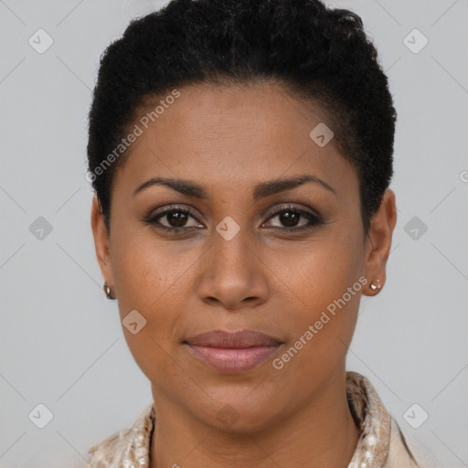 Joyful black young-adult female with short  brown hair and brown eyes