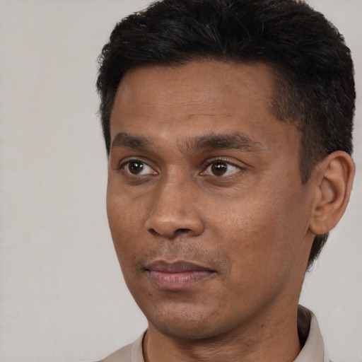 Neutral black adult male with short  black hair and brown eyes