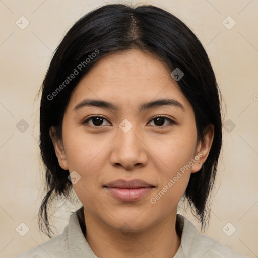 Joyful asian young-adult female with medium  black hair and brown eyes