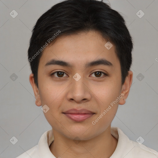 Joyful asian young-adult male with short  brown hair and brown eyes