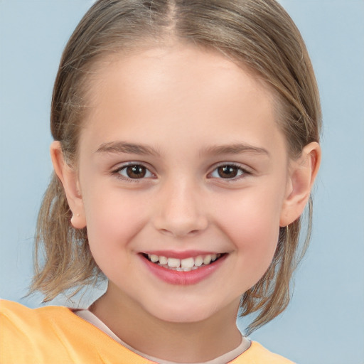 Joyful white child female with medium  brown hair and brown eyes