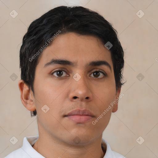 Neutral latino young-adult male with short  brown hair and brown eyes