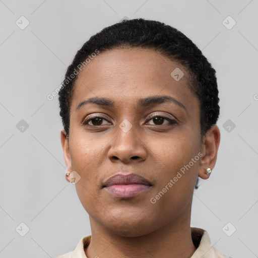 Neutral black young-adult female with short  black hair and brown eyes