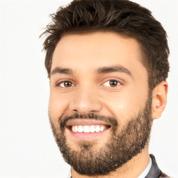 Joyful white young-adult male with short  black hair and brown eyes